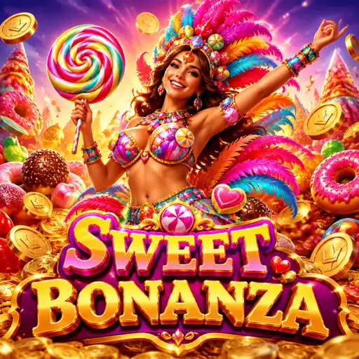 Capa do slot Sweet Bonanza com doces coloridos e frutas