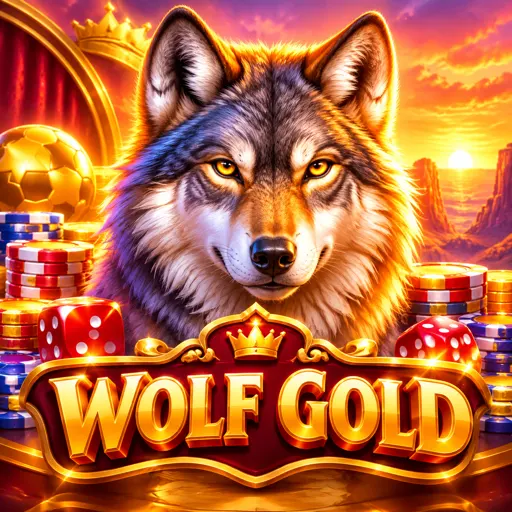Capa do slot Wolf Gold com lobo e paisagem do deserto americano